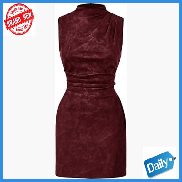 PU Leather Ruched Bodycon Mini Dress Mock Neck Sleeveless Zipper Back
